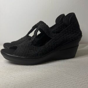 bernie mev. Black Woven Elastic Wedge Sandals